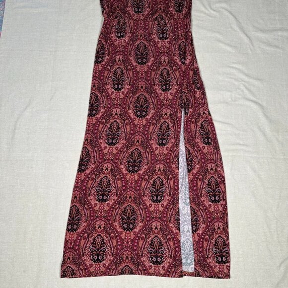 American Eagle Boho Maxi Dress Womens L Maroon Slit Hippie 70s Retro Vacation - Picture 6 of 10